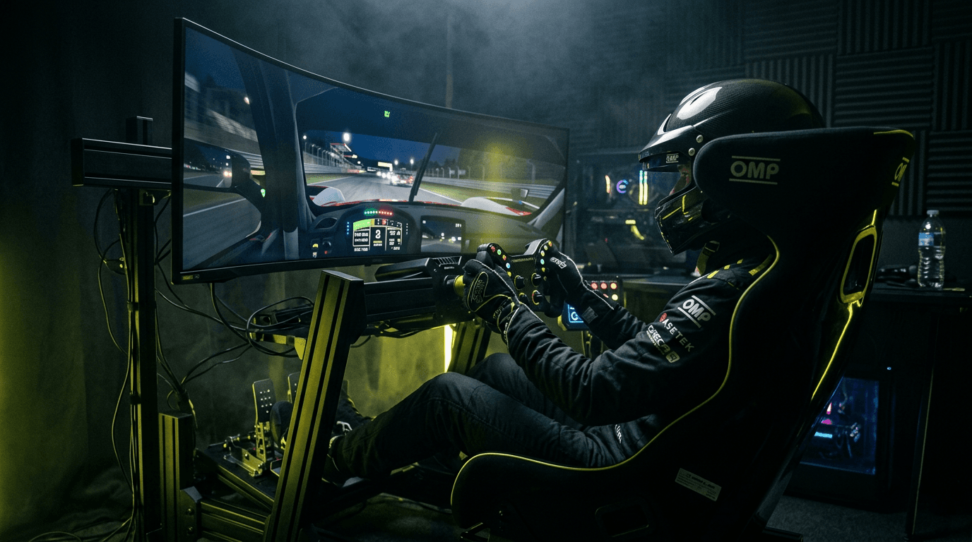 Sim racer in a SKION cockpit at night